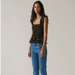 GANNI Beacon Smocked Top Black x Orange Size 36 (US 4)
